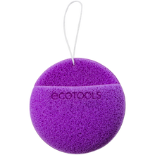 Load image into Gallery viewer, Front view of the purple EcoTools BioBlender facial cleansing mitt showing the finger pocket and hanging string.