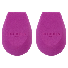 Load image into Gallery viewer, Two purple EcoTools BioBlender biodegradable makeup blending sponges side-by-side against a dark background.