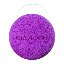 Load image into Gallery viewer, EcoTools BioBlender purple round body cleansing sponge with hanging loop isolated on a black background.