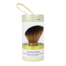 Load image into Gallery viewer, Front view of the EcoTools Contour Buki Brush inside clear cylindrical gift packaging with a gold ribbon loop.