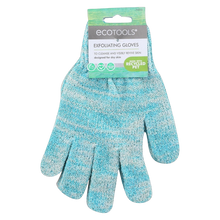 Load image into Gallery viewer, EcoTools textured teal and white marled exfoliating shower gloves in packaging.