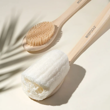 Load image into Gallery viewer, EcoTools loofah bath brush displayed alongside a wooden dry body bristle brush.