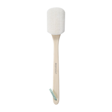 Load image into Gallery viewer, Front view of the EcoTools natural loofah bath brush with a long wooden handle and hanging loop.