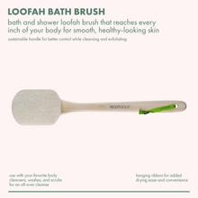 Load image into Gallery viewer, Product infographic displaying the EcoTools loofah bath brush with text highlighting key features and usage tips.