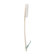 Load image into Gallery viewer, Side profile of the EcoTools loofah bath brush highlighting the curved wooden handle and loofah pad.