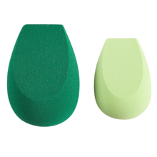 Load image into Gallery viewer, EcoTools Perfecting Blender Duo showing the two teardrop-shaped sponges: one large dark green and one smaller light green/lime. Best for blending liquid and cream makeup.