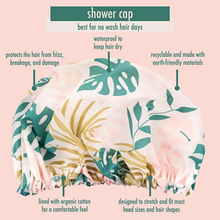 Load image into Gallery viewer, Infographic diagram showing key benefits of the EcoTools tropical print shower cap including organic cotton lining and waterproof material.