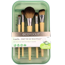 Load image into Gallery viewer, Front view of the EcoTools Start the Day Beautifully Kit in a green storage tray displaying five makeup brushes.