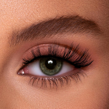 Load image into Gallery viewer, Close-up of Eyecha Press-On AUTUMN Lashes on model showing lengthening curl and lightweight vegan fibers