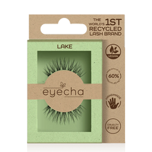Load image into Gallery viewer, Eyecha Lake Vegan Lashes in eco-friendly packaging made with 60% recycled PET and biodegradable materials.