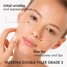 Load image into Gallery viewer, Advertisement for FILLERINA Double Filler Grade 3 showing a woman's face with labeled wrinkles and filler application.
