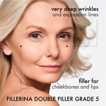 Load image into Gallery viewer, Woman's face with wrinkles labeled, promoting Fillerina Double Filler Grade 5.