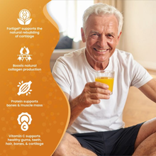 Load image into Gallery viewer, A smiling senior man holding a glass of orange Flexeze® Fortify drink, with a graphic detailing its benefits for cartilage, collagen production, muscle mass, and bone health.