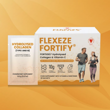 Load image into Gallery viewer, A box and sachet of Flexeze® Fortify, an orange-flavored hydrolysed collagen and Vitamin C supplement designed for joint and protein support.