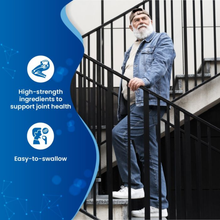 Load image into Gallery viewer, A senior man walking up stairs with confidence, featured on a Flexeze® graphic highlighting high-strength joint health ingredients and easy-to-swallow capsules.