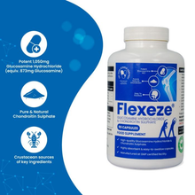 Load image into Gallery viewer, An infographic for Flexeze® 90 capsules showing the bottle and detailing the formula, including 1,050mg Glucosamine HCl and pure Chondroitin Sulphate from crustacean sources.