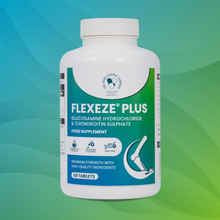 Load image into Gallery viewer, A bottle of Flexeze® Plus food supplement, a maximum strength joint health formula containing 60 tablets of Glucosamine and Chondroitin.