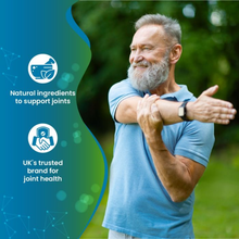 Load image into Gallery viewer, A smiling senior man stretching his arm in a park, featured on a Flexeze® Plus graphic highlighting natural joint support ingredients and its status as a trusted UK brand.