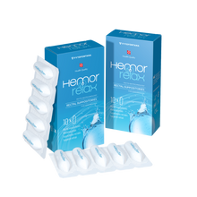 Load image into Gallery viewer, Product display of Fytofontana Hemorrelax rectal suppositories for hemorrhoid relief, featuring two blue boxes and two 5-pack blister strips.