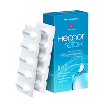 Load image into Gallery viewer, Fytofontana Hemorrelax rectal suppositories for hemorrhoids, showing the blue product box alongside a 5-pack blister strip of white suppositories.