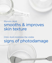 Load image into Gallery viewer, Scientific background image with glassware, featuring text that highlights key ingredients: Glycolic Acid for smoothing texture and Citric Acid for minimizing visible signs of photodamage.