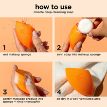Load image into Gallery viewer, Step-by-step guide on how to clean a makeup sponge using Real Techniques Miracle Deep Cleansing Soap.
