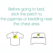 Load image into Gallery viewer, Illustration of how to use Medrull Aroma Patch by sticking it to pajamas or bedding near the chest before bed.