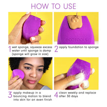Load image into Gallery viewer, Four-step guide on how to wet, apply foundation, blend makeup, and clean the EcoTools BioBlender sponge.