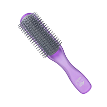 Load image into Gallery viewer, A purple and grey half-round brush with soft bristles designed for detangling and smoothing hair.