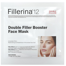 Load image into Gallery viewer, A package of Fillerina 12 Double Filler Booster Face Mask with an image of a woman wearing the mask and the product name displayed.