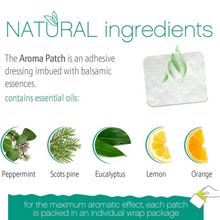 Load image into Gallery viewer,  Medrull Aroma Patch natural ingredients list, including peppermint, Scots pine, eucalyptus, lemon, and orange essential oils.