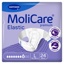 Load image into Gallery viewer, Hartmann MoliCare Premium Elastic adult slip packaging, size Large (115-145 cm), 8 drops absorbency rating, containing 24 pieces.