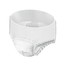 Load image into Gallery viewer, Close-up view of a single white MoliCare Premium Mobile pull-up brief showing the elasticated waistband and absorbent inner cushion core, isolated on a black background.