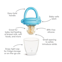 Load image into Gallery viewer, Munchkin Baby Food Feeder in blue showing labeled features including BPA-free silicone pouch, easy-grip handle, and snap-tight cap.