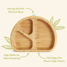 Load image into Gallery viewer, Munchkin Bambou™ toddler divided plate with text highlighting features like renewable bamboo, strong suction base, and BPA-free design.