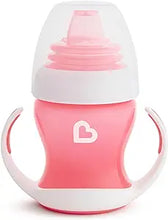 Load image into Gallery viewer, Munchkin Gentle Transition Trainer Cup, 4oz/118ml, frontal view, designed for babies 4 months and older. Features a soft silicone spout gentle on gums, removable easy-grip handles, spill-proof design, and a lid for travel. BPA-free, top rack dishwasher safe, suitable for water, milk, or juice.