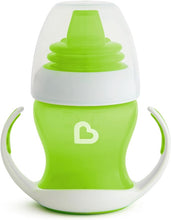 Load image into Gallery viewer, Munchkin Gentle Transition Trainer Cup, 4oz/118ml, Green, designed for babies 4 months and older. Features a soft silicone spout gentle on gums, removable easy-grip handles, spill-proof design, and a lid for travel. BPA-free, top rack dishwasher safe, suitable for water, milk, or juice.