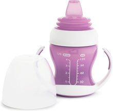 Load image into Gallery viewer, Munchkin Gentle Transition Trainer Cup, 4oz/118ml, Purple, designed for babies 4 months and older. Features a soft silicone spout gentle on gums, removable easy-grip handles, spill-proof design, and a lid for travel. BPA-free, top rack dishwasher safe, suitable for water, milk, or juice.