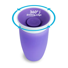 Load image into Gallery viewer, Blue Munchkin Miracle® 360° Sippy Cup, 10oz capacity, suitable for toddlers aged 12 months and up. Features a dentist-recommended spoutless design, BPA-free materials, and a spill-proof 360° drinking edge. Easy to clean and dishwasher safe.