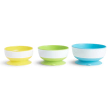 Load image into Gallery viewer, Munchkin Stay Put™ suction bowls stacked together for easy storage, offering a space-saving design for mealtime essentials.