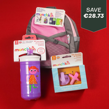 Load image into Gallery viewer, A collection of Munchkin baby and toddler essentials: a pink By-My-Side safety harness backpack, a purple spill-proof sippy cup, and a Sill-Soothe & Teethe pacifier set.