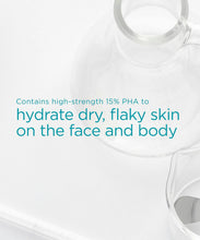 Load image into Gallery viewer, Scientific background with glassware, featuring text that highlights the high-strength 15% PHA content to hydrate dry, flaky skin on the face and body.
