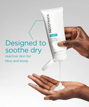 Load image into Gallery viewer, Hand dispensing NEOSTRATA Bionic Lotion onto a palm, with text noting it is designed to soothe dry, reactive skin for both face and body.