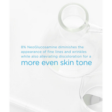 Load image into Gallery viewer, A top-down laboratory-themed image with glass beakers and scientific equipment on a white background. Blue text overlay explains that 8% NeoGlucosamine diminishes the appearance of fine lines and wrinkles while alleviating discoloration for a more even skin tone.