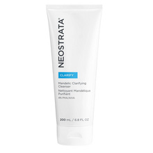 Load image into Gallery viewer, A 200 ml (6.8 fl oz) white tube of NeoStrata Mandelic Clarifying Cleanser from the Clarify range. The bottle features a bright blue banner and text indicating a 4% PHA/AHA formula for skin purification.