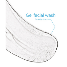 Load image into Gallery viewer, A close-up texture swatch of clear, bubbly NeoStrata Mandelic Clarifying Cleanser gel on a white background with blue text describing it as a gel facial wash for oily skin.