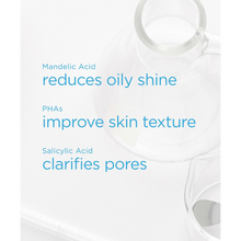 Load image into Gallery viewer, A skincare infographic with a laboratory theme featuring glass beakers on a white background. Light blue text highlights three key ingredients: Mandelic Acid reduces oily shine, PHAs improve skin texture, and Salicylic Acid clarifies pores.