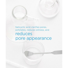 Load image into Gallery viewer, A laboratory-themed image featuring glass beakers and a metal spatula on a white surface. Blue text overlay explains that Salicylic acid clarifies pores, exfoliates, reduces oiliness, and reduces pore appearance.