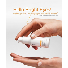 Load image into Gallery viewer, Hands dispensing a small amount of NeoStrata Brightening Eye Cream onto a fingertip, with text highlighting its ability to refresh tired-looking eyes in 12 weeks.