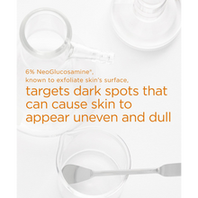 Load image into Gallery viewer, Infographic showing laboratory glassware with text explaining that 6% NeoGlucosamine exfoliates the skin's surface to target dark spots and dullness.